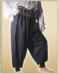 Black pirate or harem pants, very full at hips. 