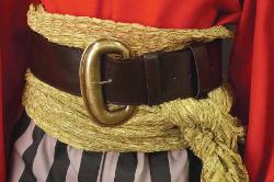 Wide pirate belt in brown leather with brass buckle, 56 inches long, 2.75 inches wide. Looks great over a pirate sash, like the gold metallic one pictured.