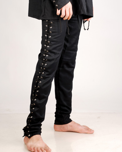 Somber black, tight fitting, with laces and eyelits the length of the legs for snug fit., black only, sizes to XXL.