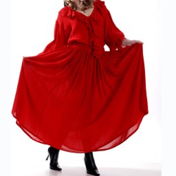 Grace O'Malley full circle skirt in fluid crepe, elastic and drawstring waist, red or black, sizes to XXL.