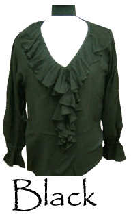 Barbossa Blouse in black - slinky rayon crepe with plunging ruffled vee neckline, very long, full sleeves with ruffled cuffs.  Long enough to wear out or tuck in.  Also in white or red, sizes to XXL.
