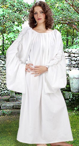Celtic chemise in white, gathered sleeves are decorated with white lace trim from wrist to shoulders.