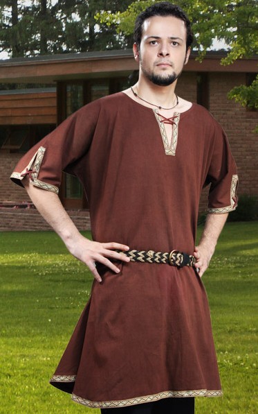 Saxon Tunic in brown twill with eyelet close and braid trim.