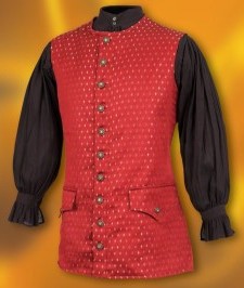 Scoundrel long vest in red brocade with gold diamond pattern.