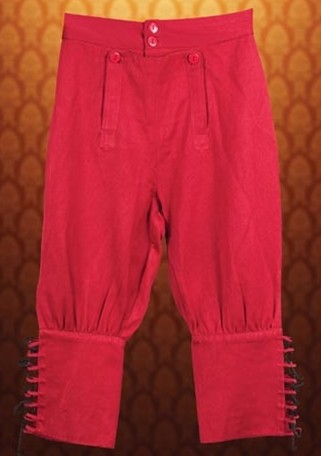 Hgh seas pirate pants, boot-cut length in red, also available in black.