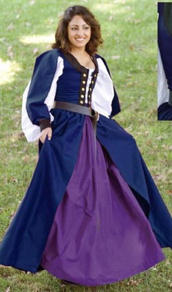 Celtic dress in navy, worn with chemise and gathered skirt.