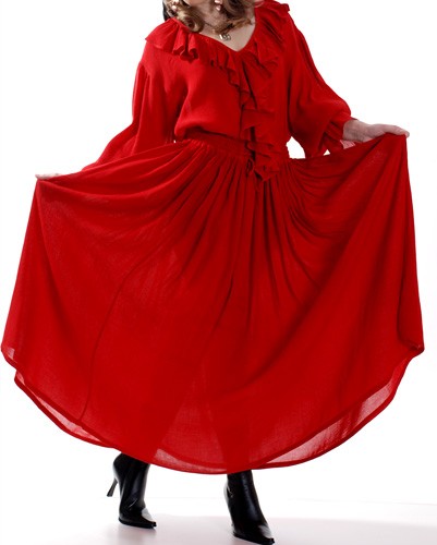Grace OMalley skirt in red, very full skirt in fluid crepe with elastic drawstring waist.