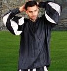 European Medieval Shirt, black with black and white striped sleeves reminiscent of late 15th Century slashed sleeves, also available in  black and red stripes.