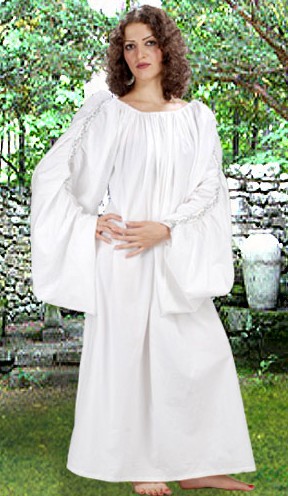 Celtic decorated chemise in white cotton, with white and silver metallic lace and gathering the length of the full sleeves. One size fits most.  
