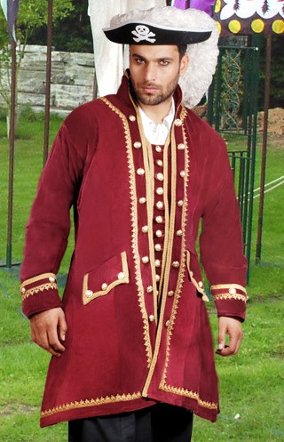 Capt. Easton Pirate Captain's Coat in burgundy velvet with gold braid and button trim