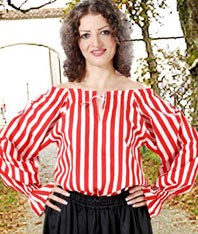 Striped Anne Bonney Pirate Blouse shown in red-white stripes, also availablein black-white and black-red stripes.