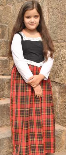 Girls Highland Dress, black bodice. white sleeves, red plaid skirt