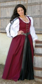 Irish dress in burgundy, shown with black gathered skirt and chemise.