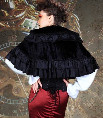 Victorian Countess ruffled black velvet capelet, back view.