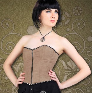 Lady Whitfield Corset, tan ultrasuede with riveted ruffle trim