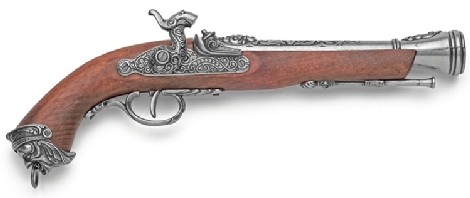 18th Century Italian Blunderbuss Flintlock Pistol, antiqued gunmetal gray finish, real wood stock.
