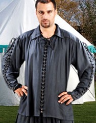 Medieval Shirt with metal loops and lacing down front and sleeves, shown in black, also available  in white and natural