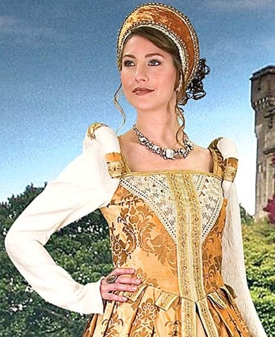Close-up view of Anjou gown and Tudor hood