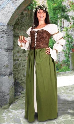 Brown faux suede lace-up corset with attached green skirt, wear over any chemise.