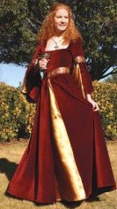 Berengaria Gown in Red Velvet with gold front panel and sleeve linings