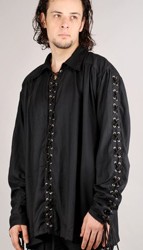 Bully Hayes shirt in black with grommets and lacing the full length of the sleeves and shirt front.