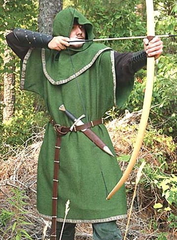Robin Hood Green Overtunic, shown with European Longbow.