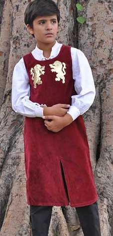 Boys royal tunic in red velvet with gold applique lions
