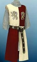 L:ionheart Tunic in red and white with gold embroidered lions on chest.