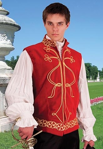 Tortuga vest in red velvet with gold brocade trim.  Also available in black.