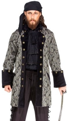Capt. DeBouff pirate coat, black and white brocade, velvet trim.