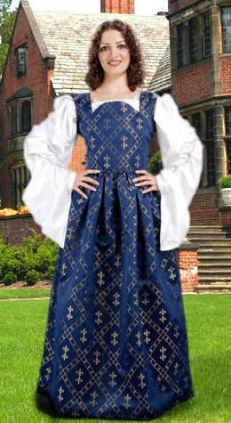 Fleur De Lis dress in blue with gold fleur-de-lis pattern.  White Celtic chemise has very long, full gathered sleeves with  metallic lace  edging on the gathers.