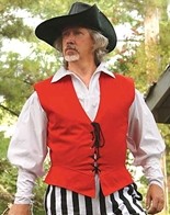 Lace-up pirate vest shown in red, also available in green and navy.
