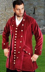 Capt. England Coat in burgundy velvet with gold buttons.