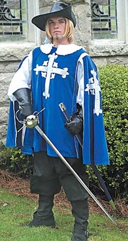 Musketeer Tabard in blue velvet with silver embroidered cross and slver trim