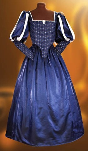Milady's Renaissance gown in dark blue brocade with silver and gold accents.