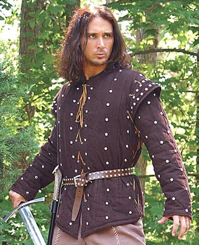 Robin Hood Gambeson, 2 heavily padded and studded pieces in brown corduroy.