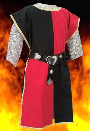 Knightly tabard in red and black, also available in red and blue, blue and black, or yellow and black.