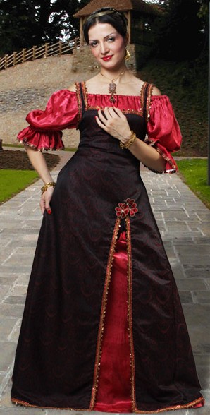 Renaissance Princess Dress, overdress in rich black brocade with gold lace trim, shown with Gloriana chemise