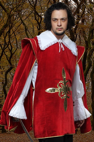 Musketeer Tabard in rich red cotton velvet with gold satin fleur de lis cross emblem of the musketeers.