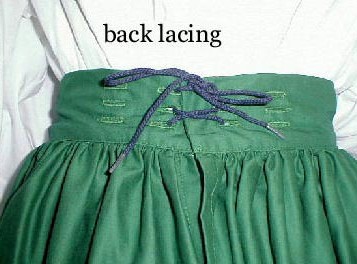 Detail of gathered skirt back lacing and eyelets.