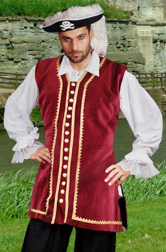 Captain Eaton Pirate Vest in burgundy velvet with gold braid trim and functional gold-tone buttons down front.