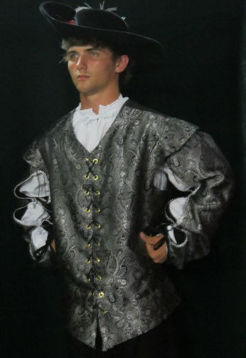 Duke's doublet in black and silver brocade.