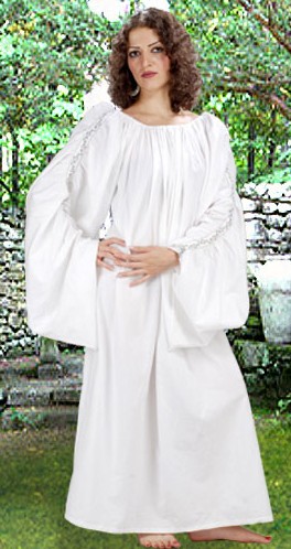 Celtic decorated chemise in white cotton, with white and silver metallic lace and gathering the length of the full sleeves. One size fits most.  