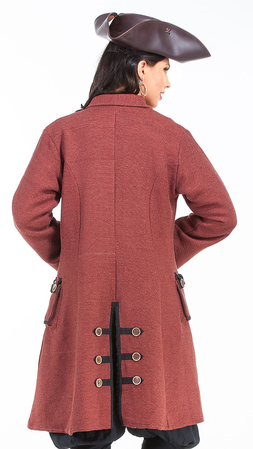 Back view of Capt. Delahaye Pirate Captain Coat, faded red with wood buttons