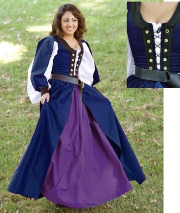 Celtic dress in navy, worn with gathered skirt.