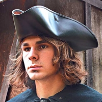Capt. Jack tri-corn hat in dark brown, aged leather.