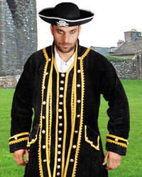 Capt Peter Pirate Coat, black velvet, gold braid and buttons.