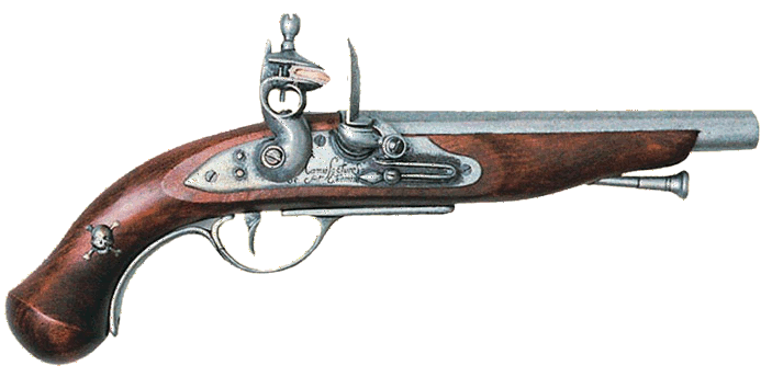 1800 French Pirate Flintlock Pistol Replica, skull and crossbones on butt, pewter finish