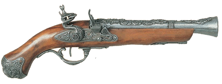 Flintlock pistol with ornate engraving, including a pirate head buttplate