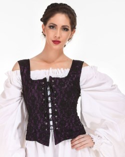 Goth bodice in blue satin with black lace overlay.
